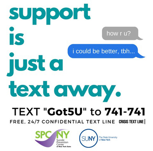 Support Is Just A Text Away. Text GOT5U to 741-741. Free, 24/7 confidential crisis text line
