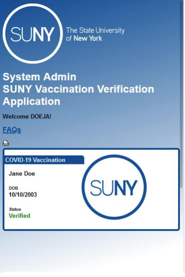 SUNY Vaccination Verification Screen
