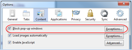 Image of Firefox Options Content Pop-up Blocker