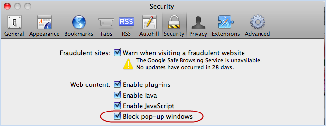 Safari Preference/Security/Disable Pop-Up Blocker